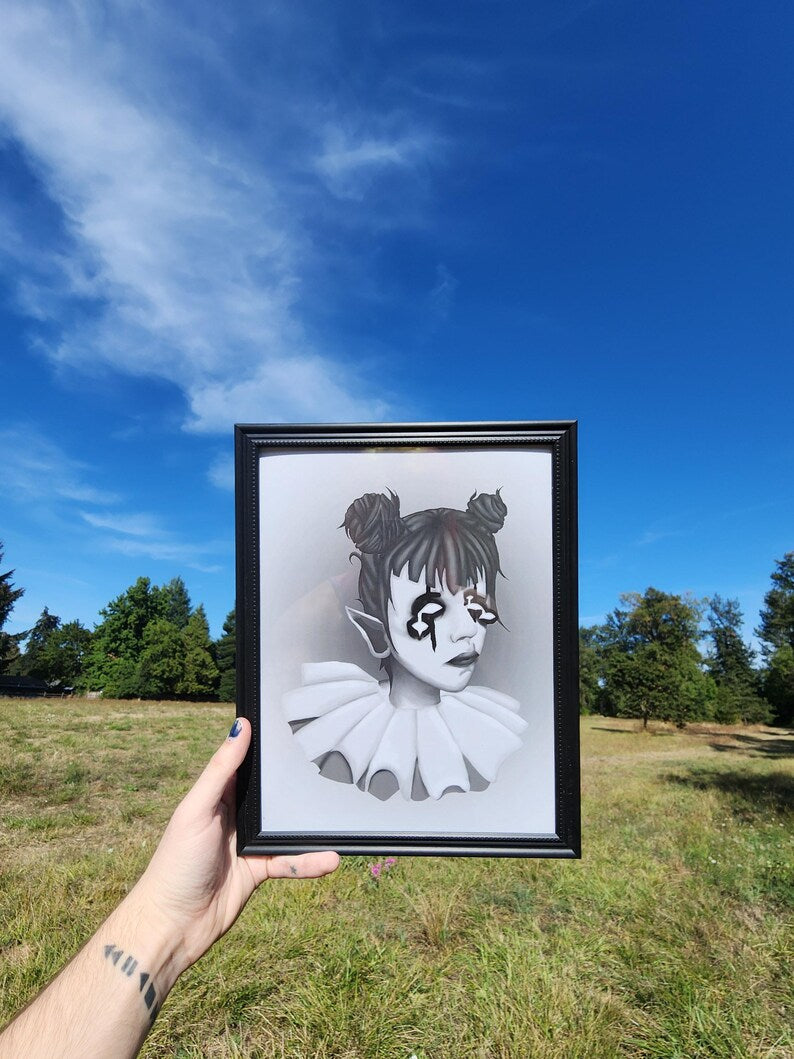 black and white clown print | 8.5 x 11" | framed-rain faerie shop-rain faerie shop