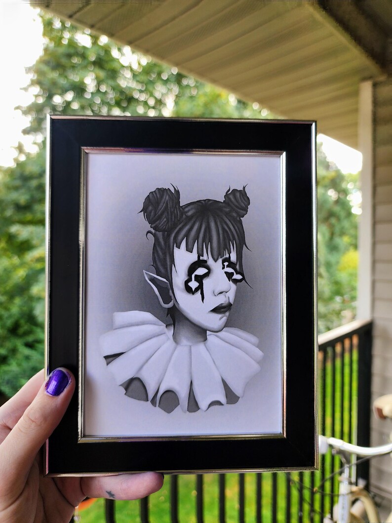 black and white clown print | 5 x 7" | framed-rain faerie shop-rain faerie shop