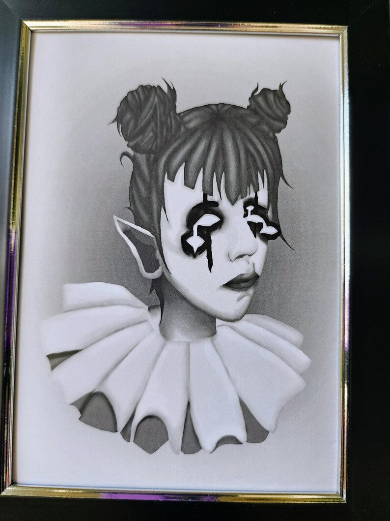 black and white clown print | 5 x 7" | framed-rain faerie shop-rain faerie shop