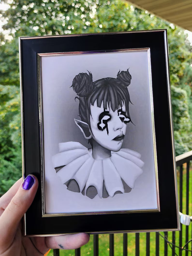 black and white clown print | 5 x 7" | framed